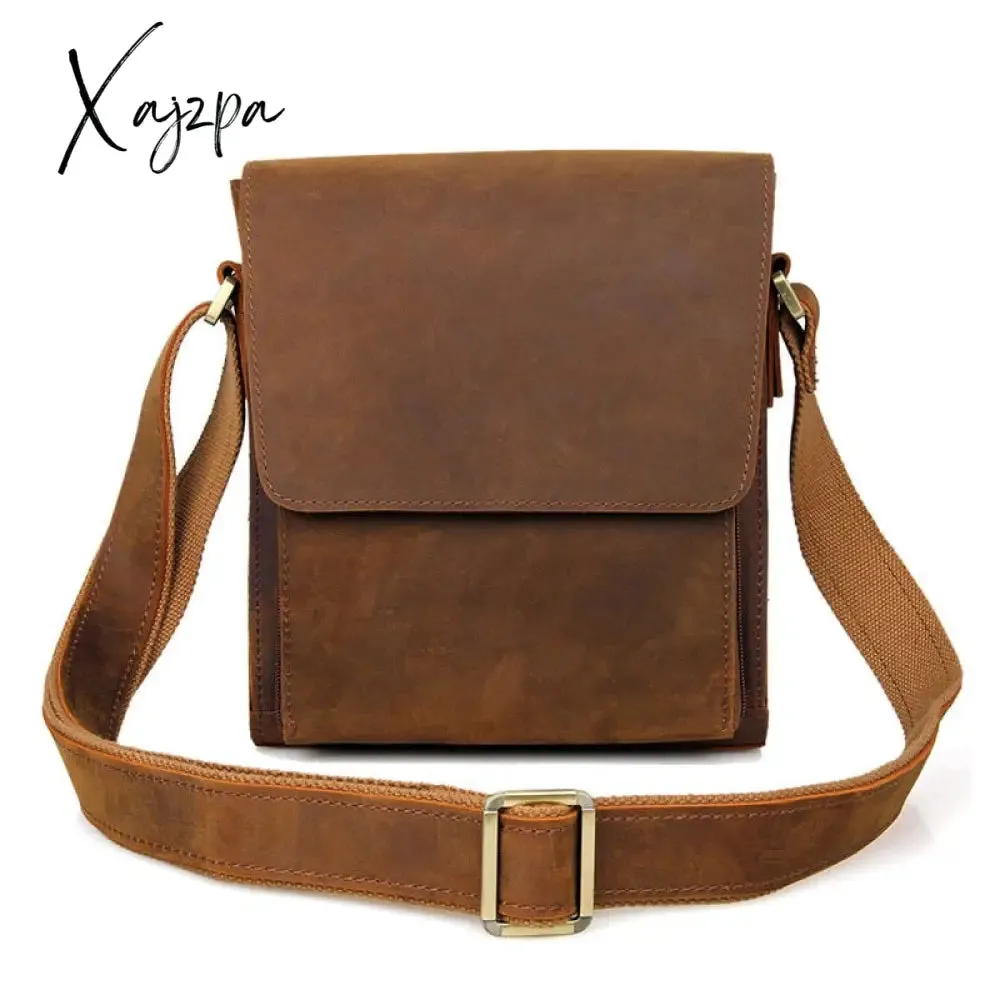 Xajzpa - 100% Genuine Leather Men Shoulder Bags Husband Retro Crazy Horse Leather Male Messenger Crossbody Bags Vintage Cross Body