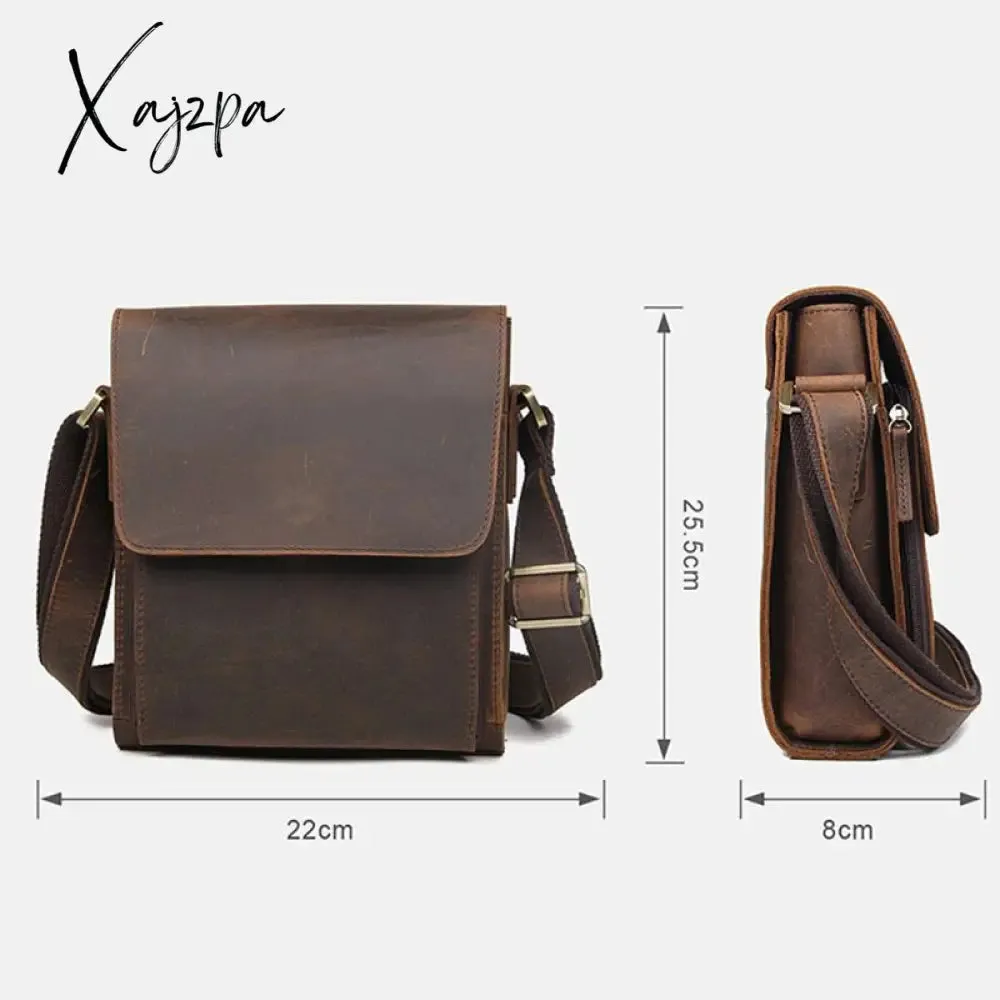 Xajzpa - 100% Genuine Leather Men Shoulder Bags Husband Retro Crazy Horse Leather Male Messenger Crossbody Bags Vintage Cross Body