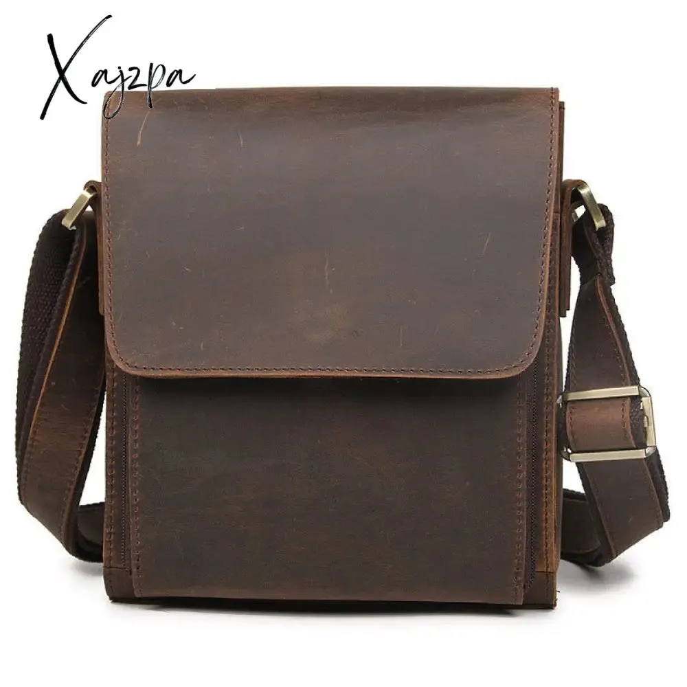 Xajzpa - 100% Genuine Leather Men Shoulder Bags Husband Retro Crazy Horse Leather Male Messenger Crossbody Bags Vintage Cross Body