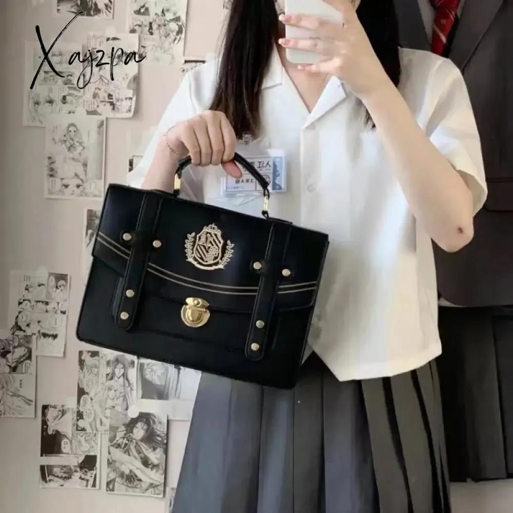 Xajzpa - Jk Lolita Handbag Pu Leather Print Rivets Japanese Style Black Shoulder Bag Large Capacity Sweet Elegant Designer Backpack