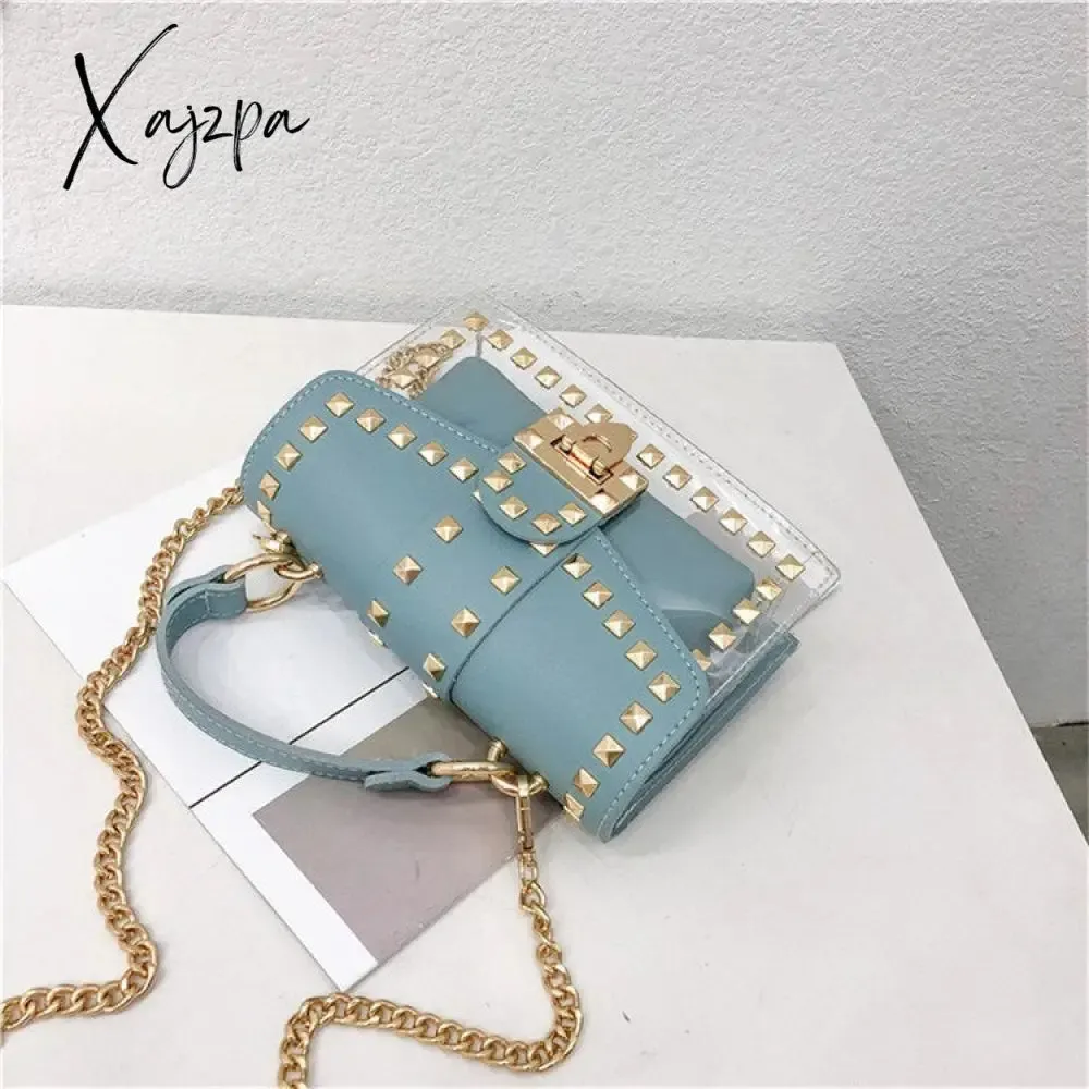 Xajzpa - New Chains Rivet Women Handbags Small White Black Pink Yellow Blue Pvc Hasp Handbags Summer Soft Shoulder Bags Cross Body