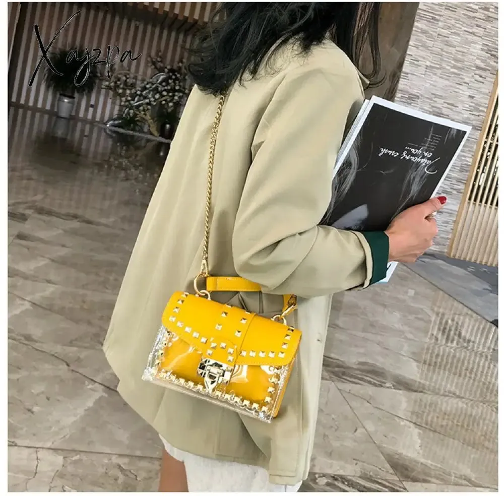 Xajzpa - New Chains Rivet Women Handbags Small White Black Pink Yellow Blue Pvc Hasp Handbags Summer Soft Shoulder Bags Cross Body
