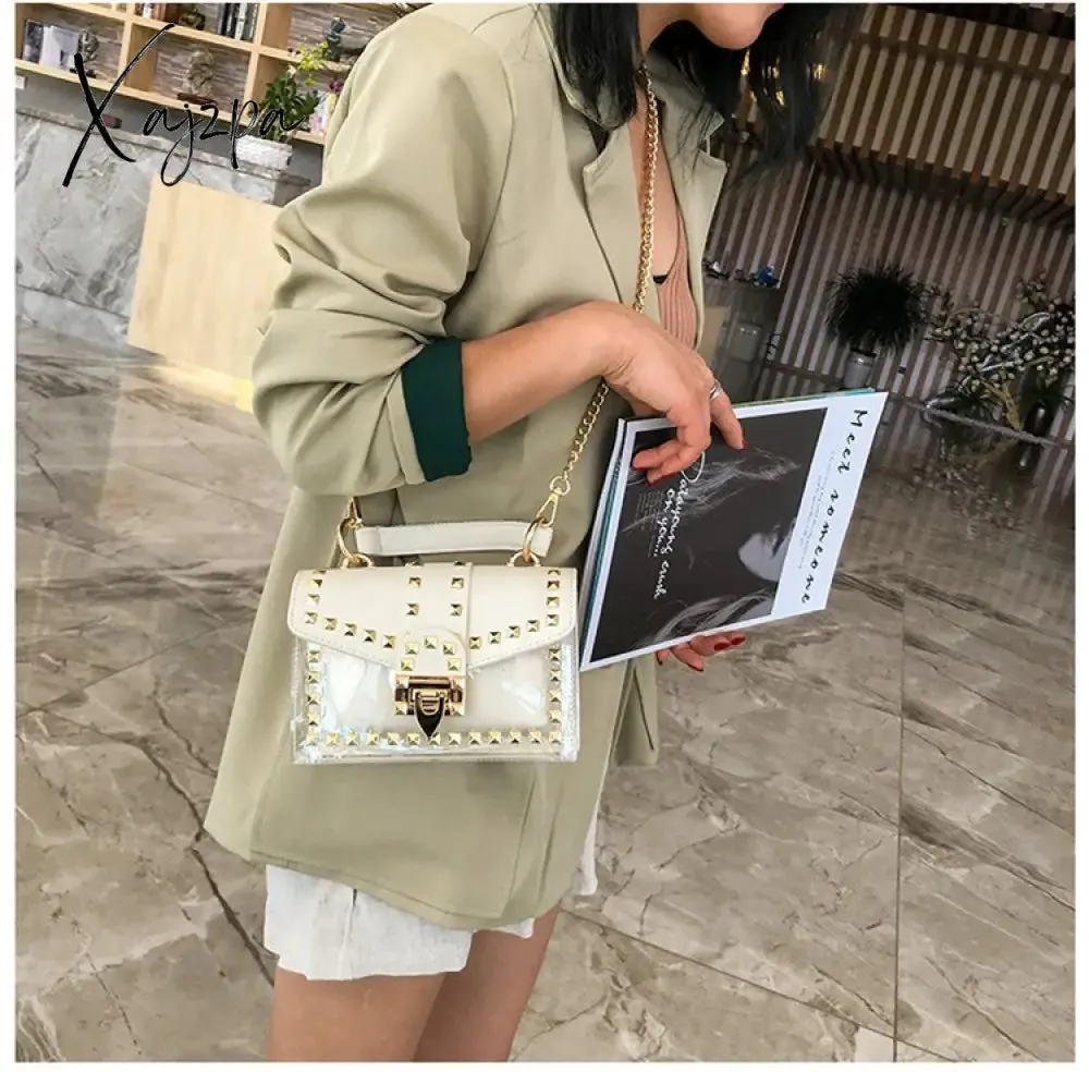 Xajzpa - New Chains Rivet Women Handbags Small White Black Pink Yellow Blue Pvc Hasp Handbags Summer Soft Shoulder Bags Cross Body
