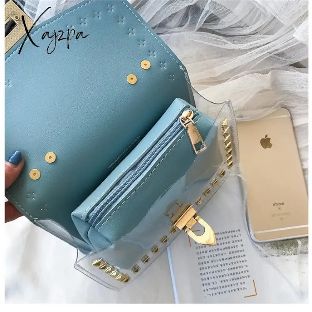 Xajzpa - New Chains Rivet Women Handbags Small White Black Pink Yellow Blue Pvc Hasp Handbags Summer Soft Shoulder Bags Cross Body