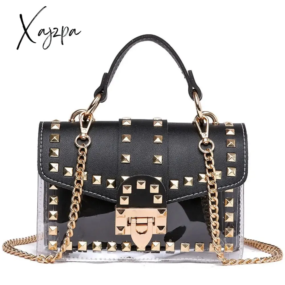 Xajzpa - New Chains Rivet Women Handbags Small White Black Pink Yellow Blue Pvc Hasp Handbags Summer Soft Shoulder Bags Cross Body
