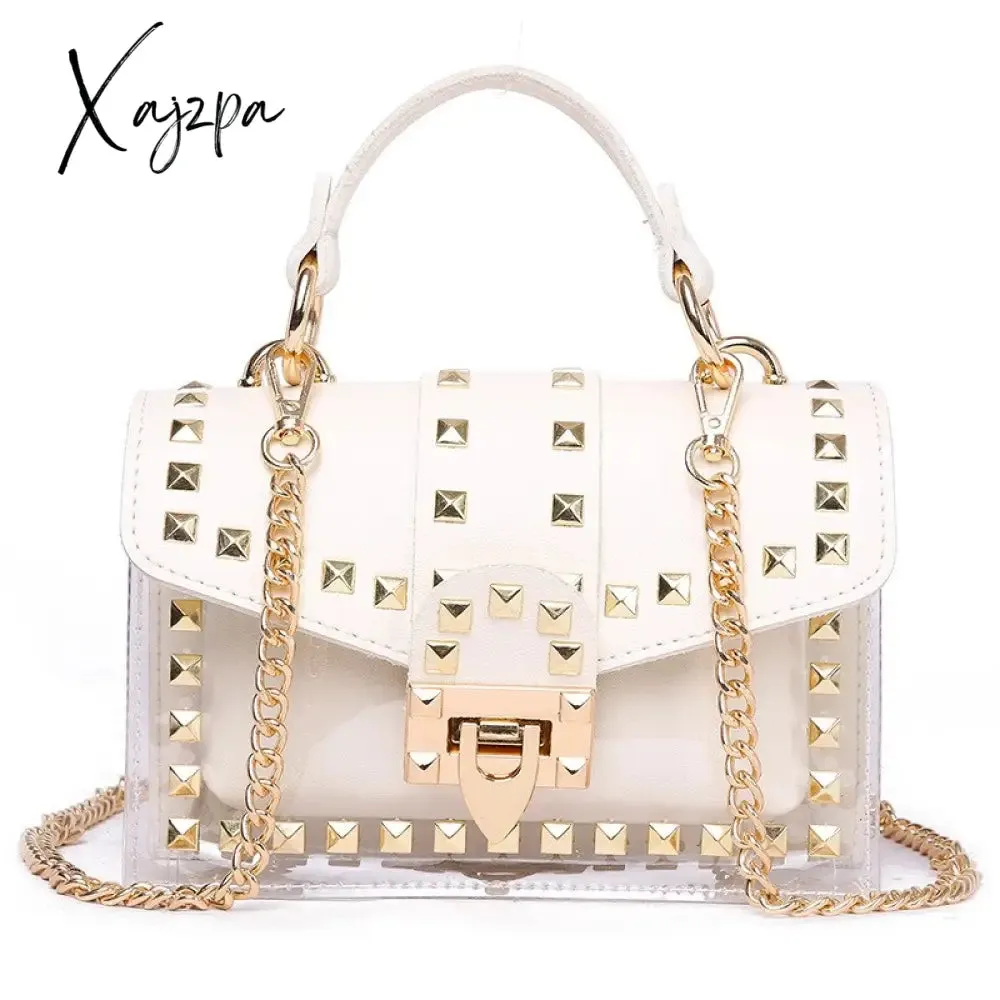 Xajzpa - New Chains Rivet Women Handbags Small White Black Pink Yellow Blue Pvc Hasp Handbags Summer Soft Shoulder Bags Cross Body
