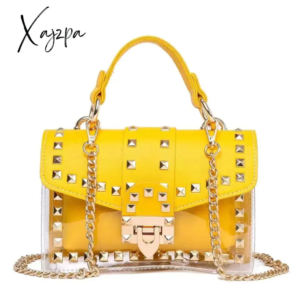 Xajzpa - New Chains Rivet Women Handbags Small White Black Pink Yellow Blue Pvc Hasp Handbags Summer Soft Shoulder Bags Cross Body