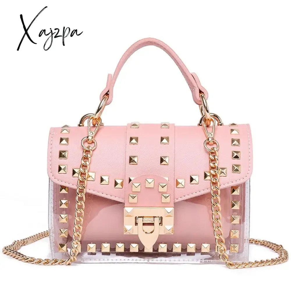 Xajzpa - New Chains Rivet Women Handbags Small White Black Pink Yellow Blue Pvc Hasp Handbags Summer Soft Shoulder Bags Cross Body