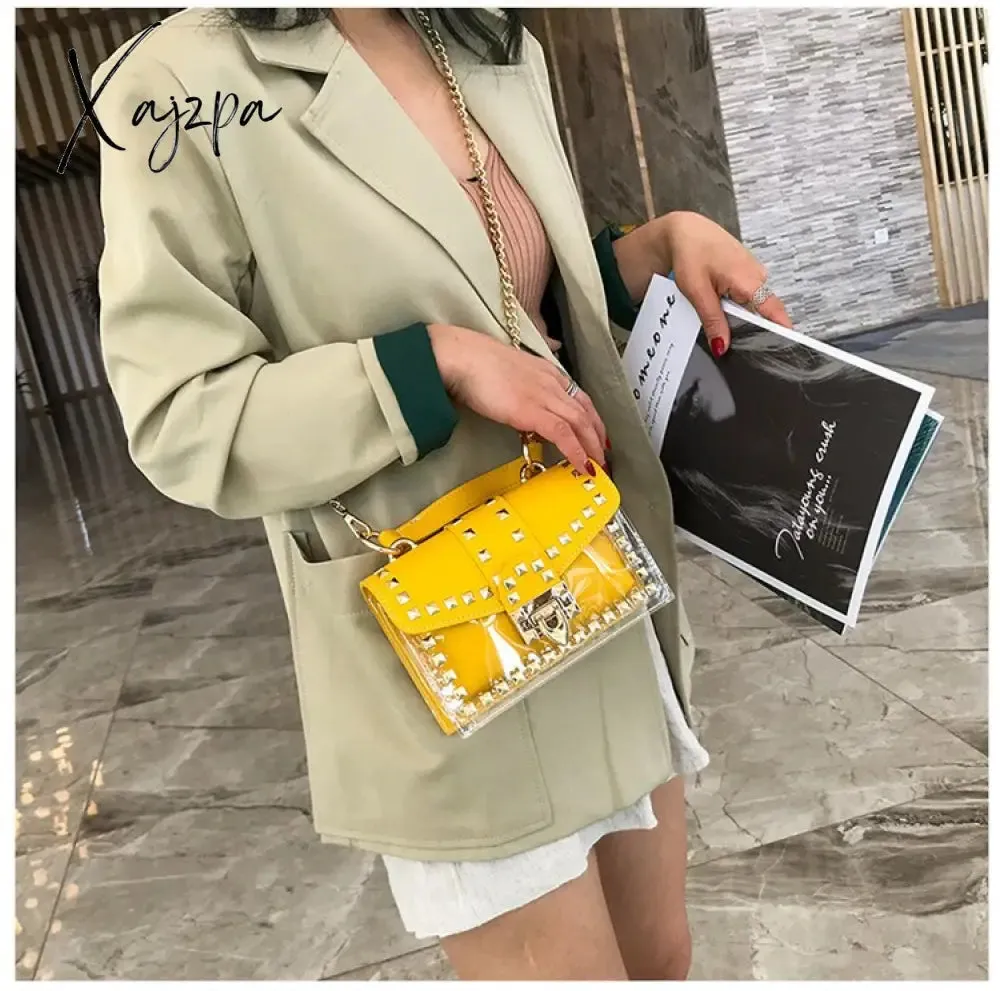 Xajzpa - New Chains Rivet Women Handbags Small White Black Pink Yellow Blue Pvc Hasp Handbags Summer Soft Shoulder Bags Cross Body