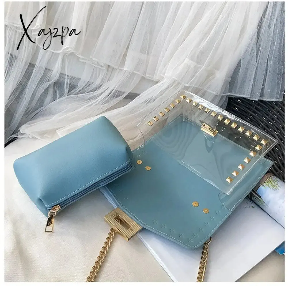 Xajzpa - New Chains Rivet Women Handbags Small White Black Pink Yellow Blue Pvc Hasp Handbags Summer Soft Shoulder Bags Cross Body