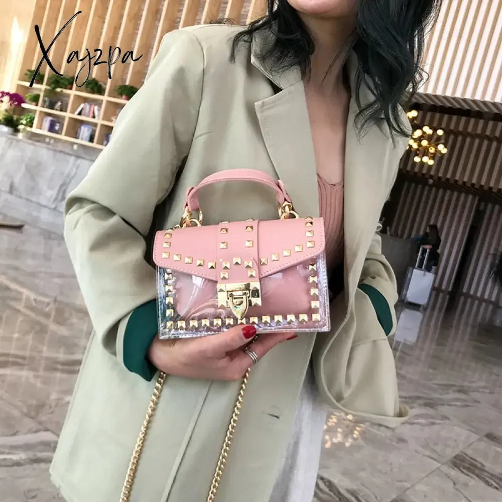 Xajzpa - New Chains Rivet Women Handbags Small White Black Pink Yellow Blue Pvc Hasp Handbags Summer Soft Shoulder Bags Cross Body