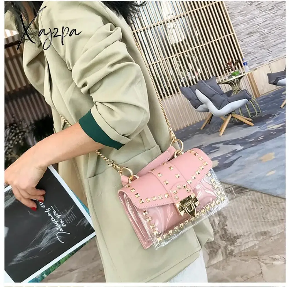 Xajzpa - New Chains Rivet Women Handbags Small White Black Pink Yellow Blue Pvc Hasp Handbags Summer Soft Shoulder Bags Cross Body