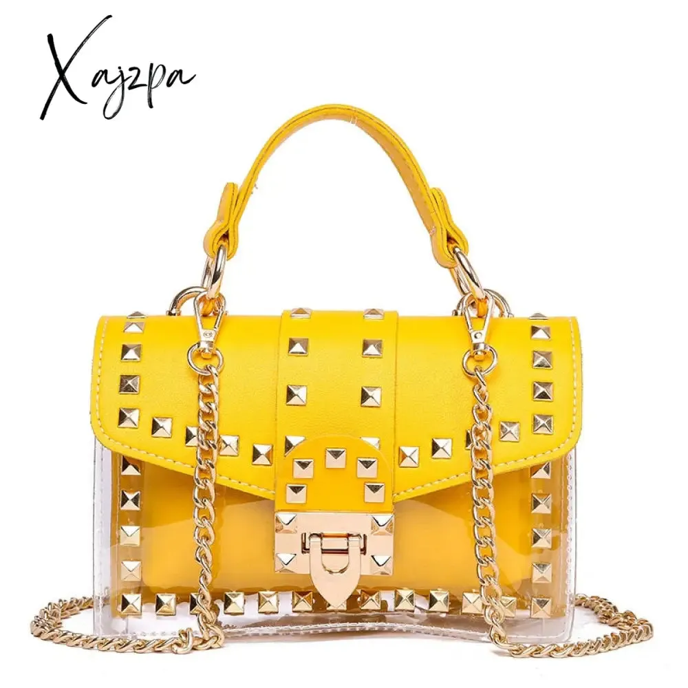 Xajzpa - New Chains Rivet Women Handbags Small White Black Pink Yellow Blue Pvc Hasp Handbags Summer Soft Shoulder Bags Cross Body