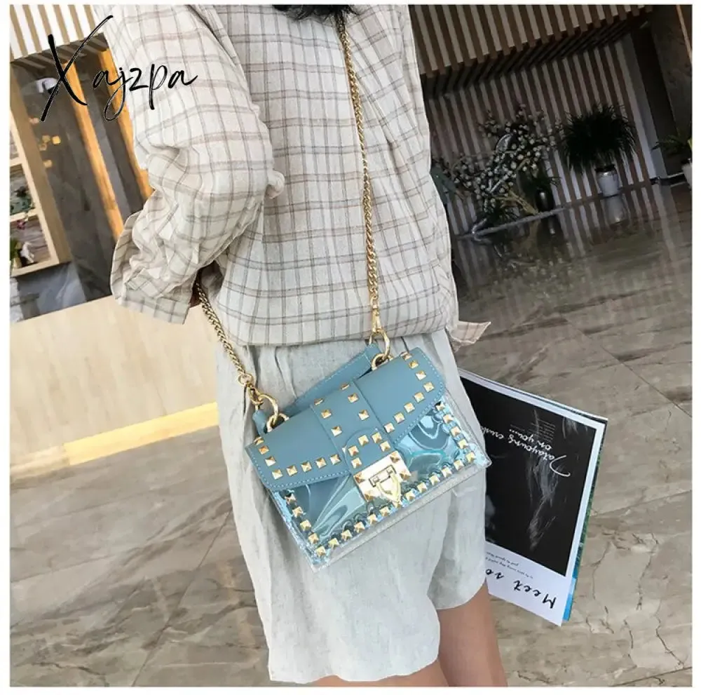 Xajzpa - New Chains Rivet Women Handbags Small White Black Pink Yellow Blue Pvc Hasp Handbags Summer Soft Shoulder Bags Cross Body