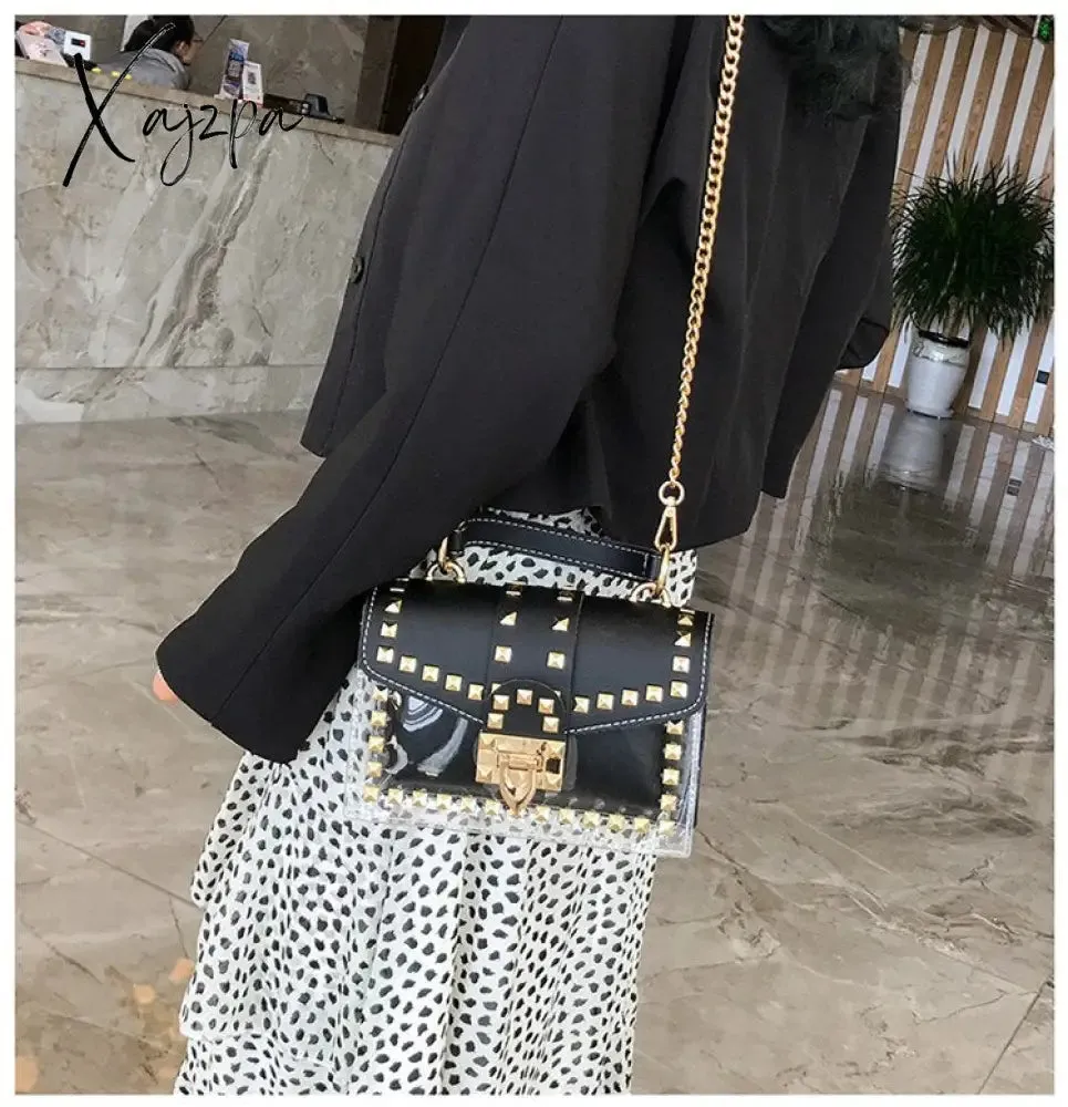 Xajzpa - New Chains Rivet Women Handbags Small White Black Pink Yellow Blue Pvc Hasp Handbags Summer Soft Shoulder Bags Cross Body