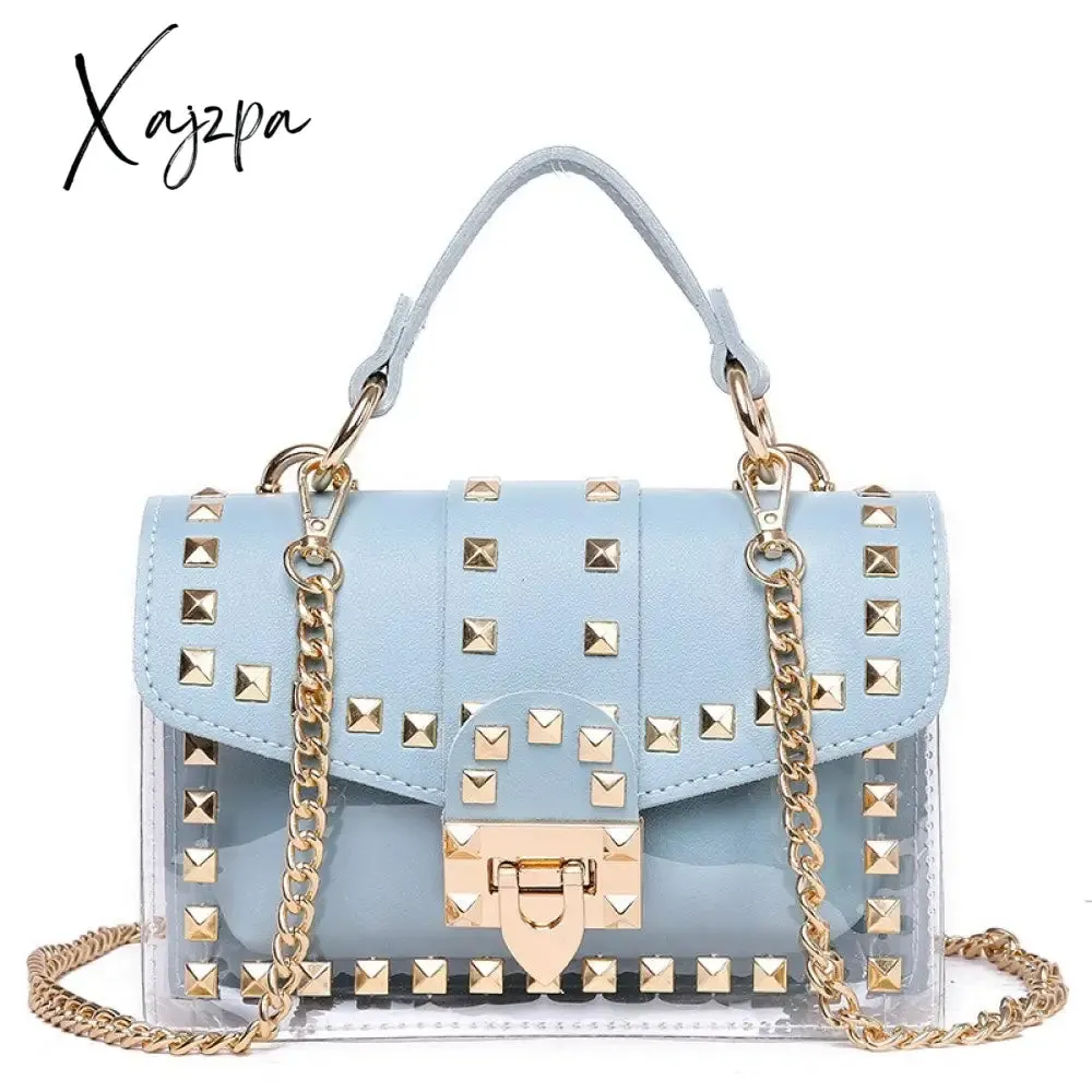 Xajzpa - New Chains Rivet Women Handbags Small White Black Pink Yellow Blue Pvc Hasp Handbags Summer Soft Shoulder Bags Cross Body