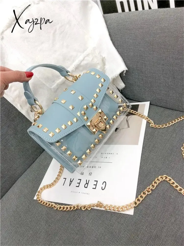 Xajzpa - New Chains Rivet Women Handbags Small White Black Pink Yellow Blue Pvc Hasp Handbags Summer Soft Shoulder Bags Cross Body