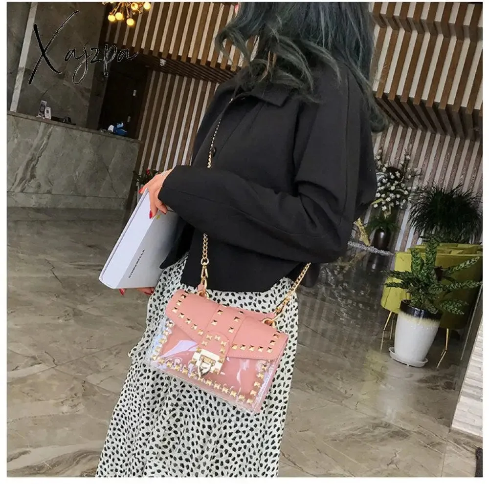 Xajzpa - New Chains Rivet Women Handbags Small White Black Pink Yellow Blue Pvc Hasp Handbags Summer Soft Shoulder Bags Cross Body