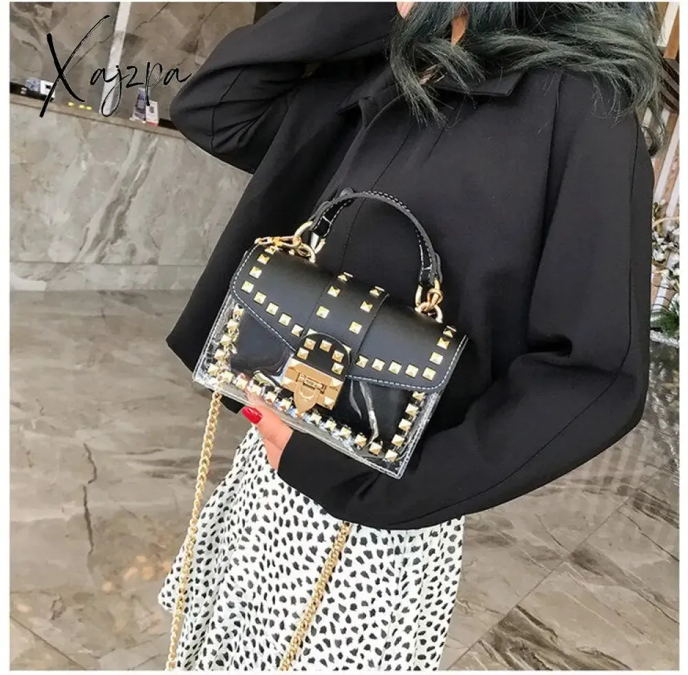 Xajzpa - New Chains Rivet Women Handbags Small White Black Pink Yellow Blue Pvc Hasp Handbags Summer Soft Shoulder Bags Cross Body