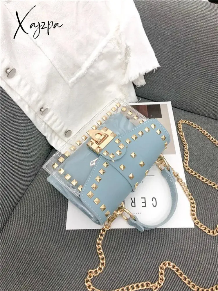 Xajzpa - New Chains Rivet Women Handbags Small White Black Pink Yellow Blue Pvc Hasp Handbags Summer Soft Shoulder Bags Cross Body