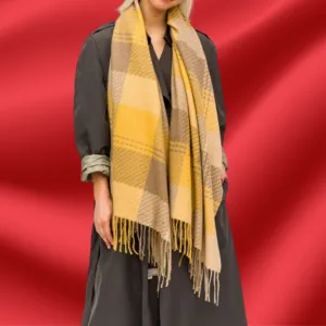 Yellow and Tan Hue Plaid Fringe Scarf